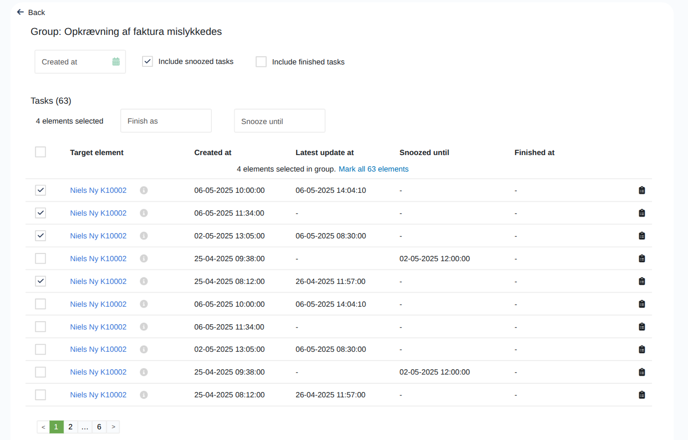 Screenshot af massehandlinger på behandlingslisten