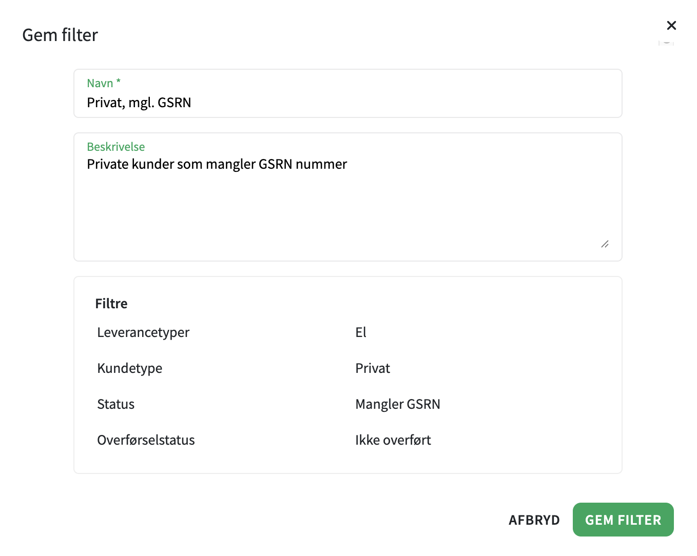 Opret filter i salgsmenu
