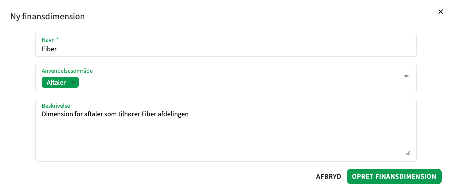 Opret aftale dimension